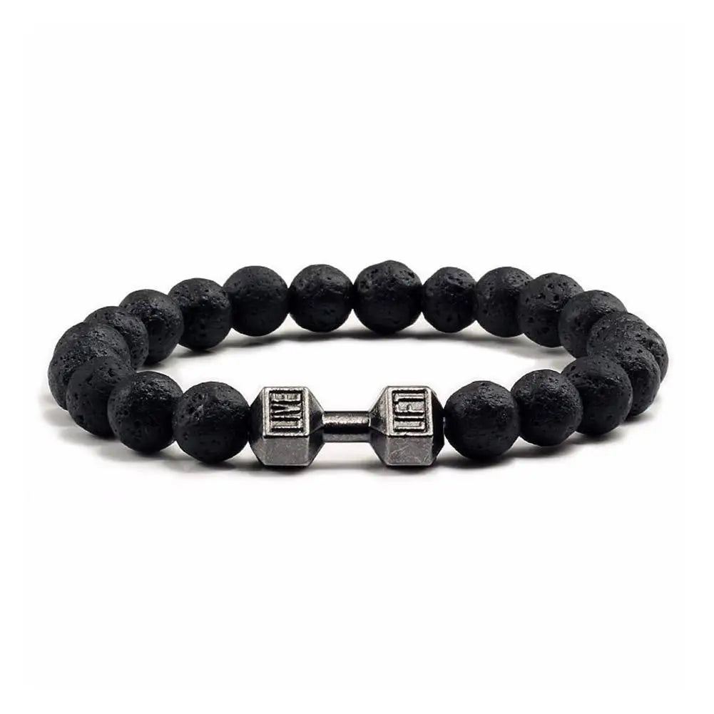 Natural Black Volcanic Lava Stone Dumbbell Bracelet Black Matte Beads Bracelets Fitness Barbell Jewelry Pulseras for Women