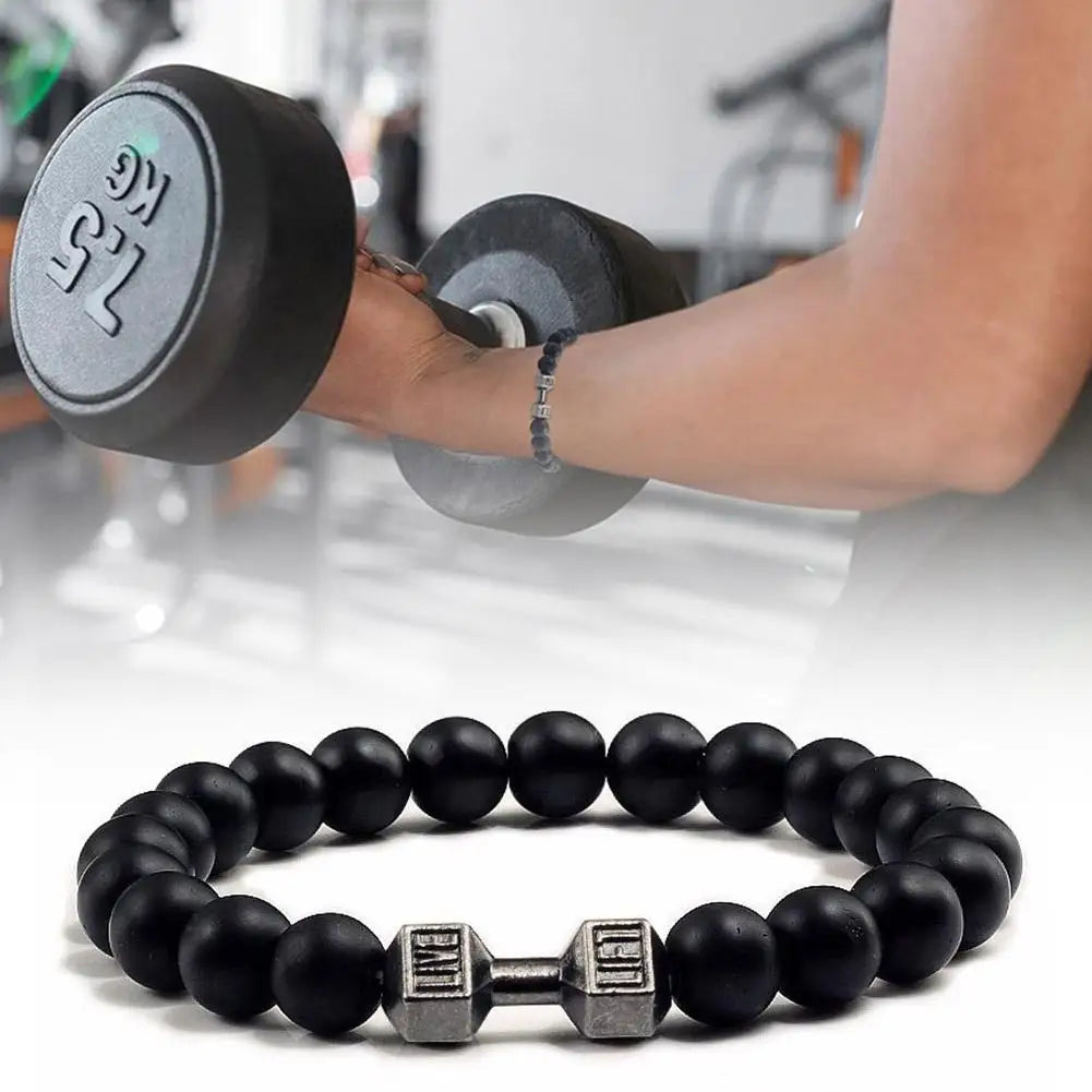 Natural Black Volcanic Lava Stone Dumbbell Bracelet Black Matte Beads Bracelets Fitness Barbell Jewelry Pulseras for Women