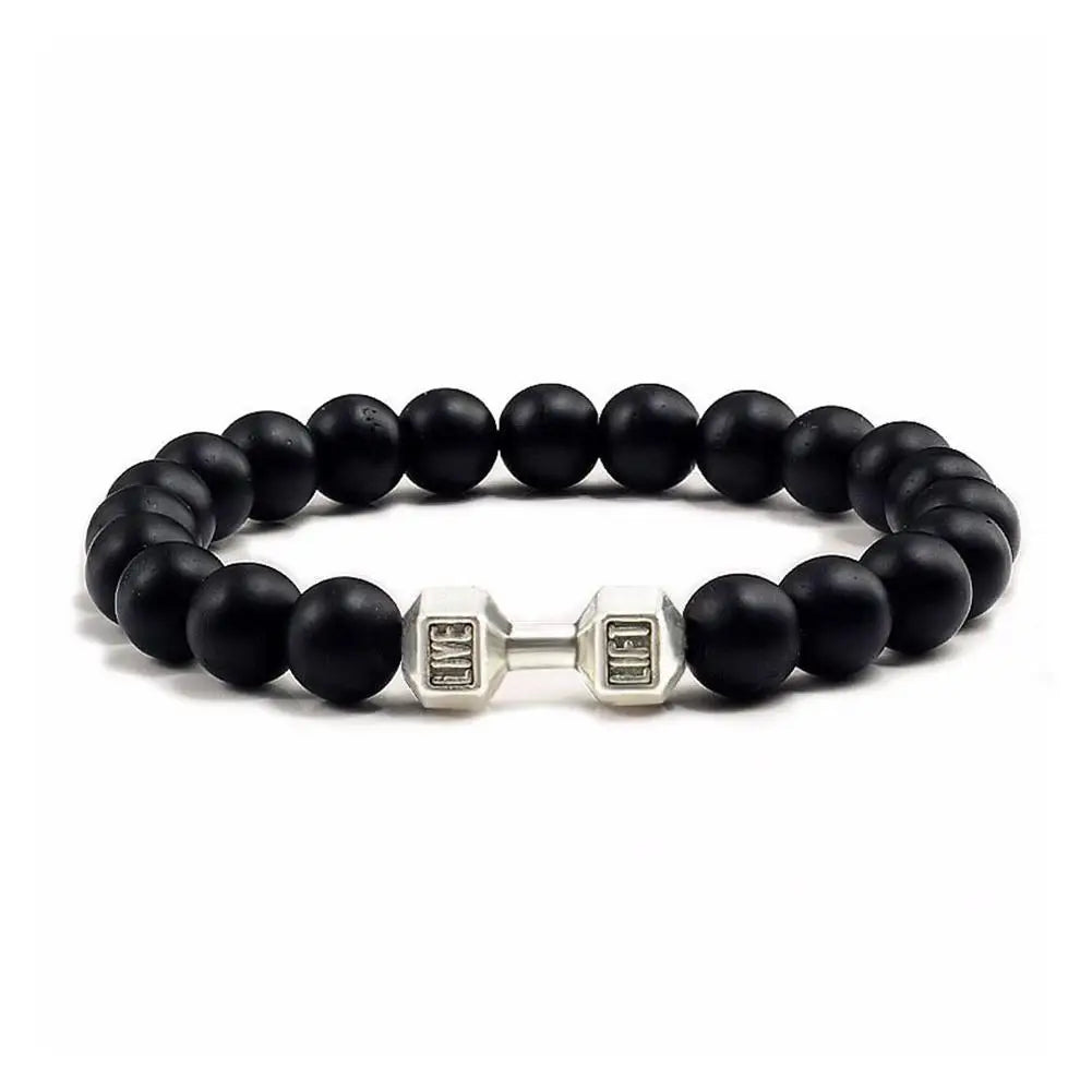 Natural Black Volcanic Lava Stone Dumbbell Bracelet Black Matte Beads Bracelets Fitness Barbell Jewelry Pulseras for Women