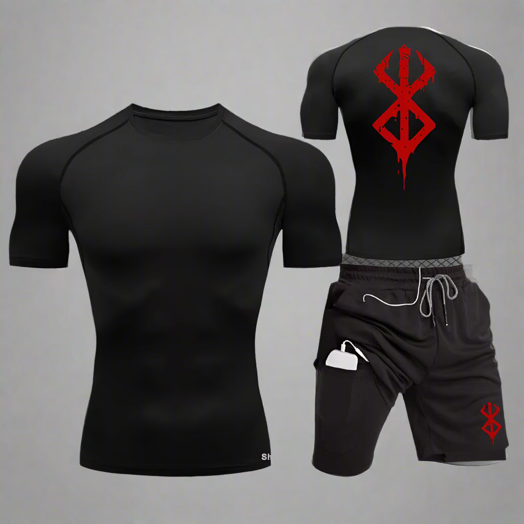 Men Sports Compression Clothing Two-Piece Summer Casual Fitness Suit Short-Sleeved T-Shirt + Shorts Casual Sportswear Suit S-3XL