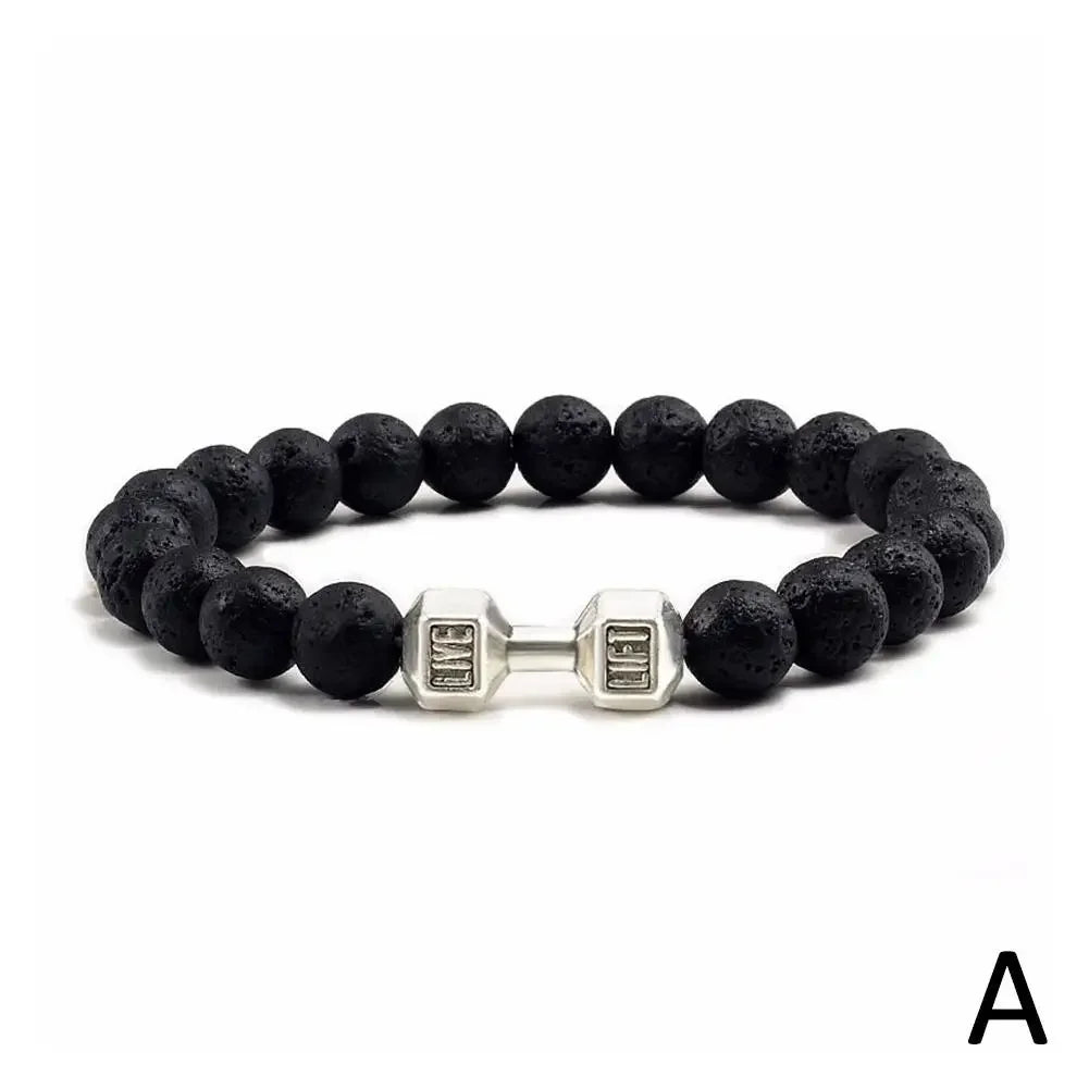 Natural Black Volcanic Lava Stone Dumbbell Bracelet Black Matte Beads Bracelets Fitness Barbell Jewelry Pulseras for Women