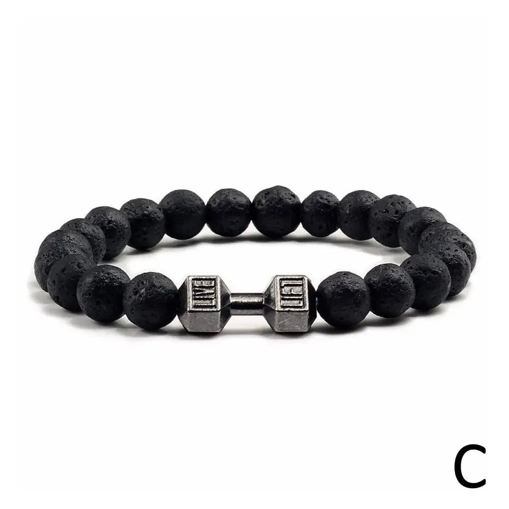 Natural Black Volcanic Lava Stone Dumbbell Bracelet Black Matte Beads Bracelets Fitness Barbell Jewelry Pulseras for Women