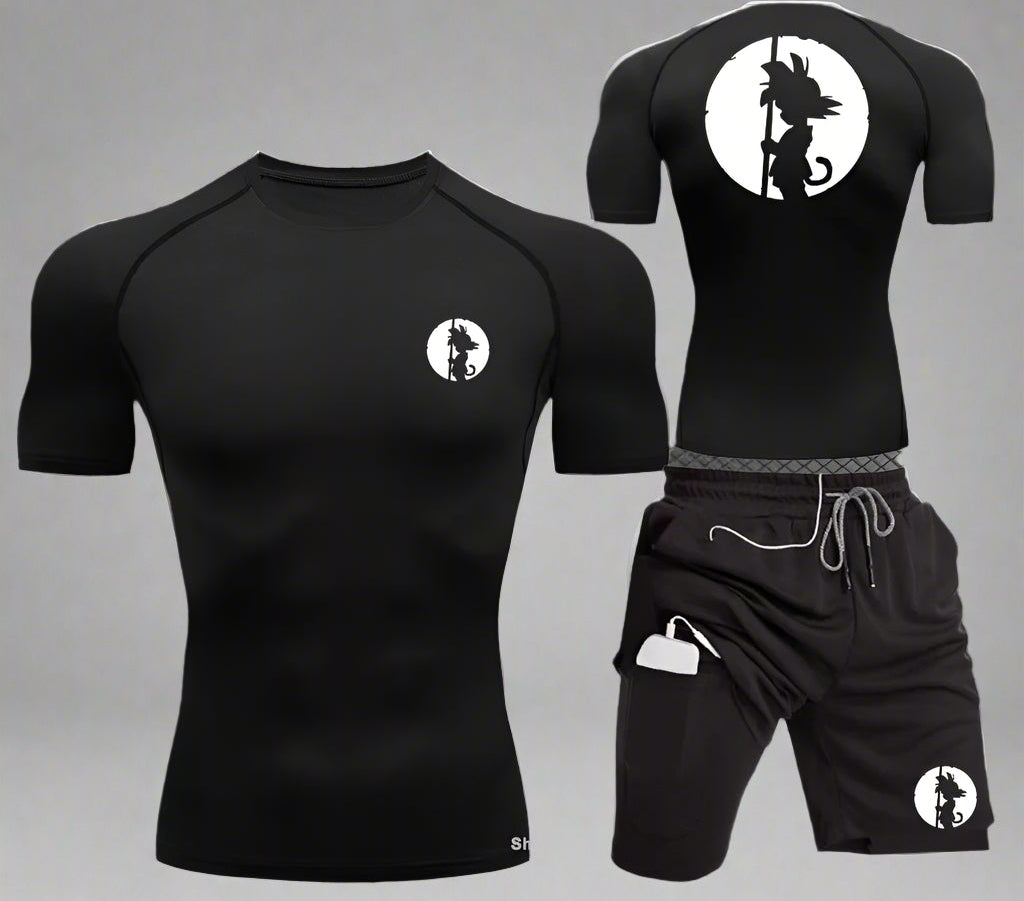 Men Sports Compression Clothing Two-Piece Summer Casual Fitness Suit Short-Sleeved T-Shirt + Shorts Casual Sportswear Suit S-3XL