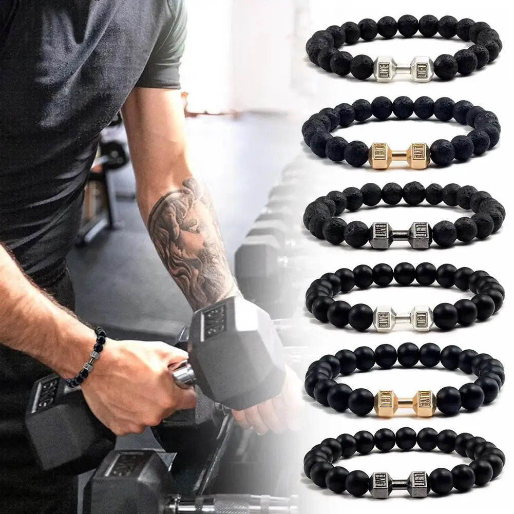 Natural Black Volcanic Lava Stone Dumbbell Bracelet Black Matte Beads Bracelets Fitness Barbell Jewelry Pulseras for Women