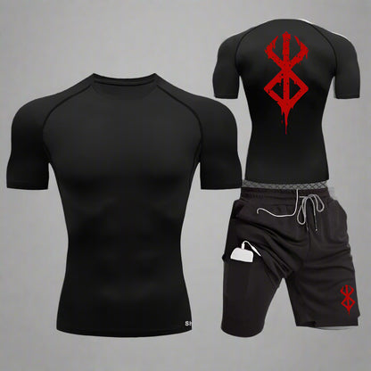 Men Sports Compression Clothing Two-Piece Summer Casual Fitness Suit Short-Sleeved T-Shirt + Shorts Casual Sportswear Suit S-3XL