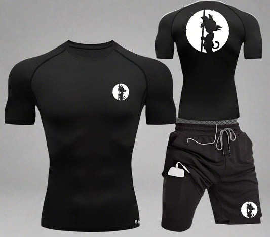 Men Sports Compression Clothing Two-Piece Summer Casual Fitness Suit Short-Sleeved T-Shirt + Shorts Casual Sportswear Suit S-3XL